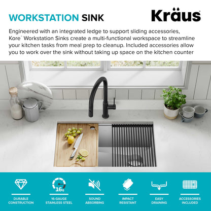 KRAUS Kore Workstation 30-inch Undermount 16 Gauge Stainless Steel Kitchen Sink, Single Bowl Kitchen Sink with Accessories, KWU110-30