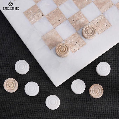 Marble Checkers Set 15 Inches Handmade White and Travertine Checkers Board Game with Checker Pieces - Board Games for Adults Game Table Accessories Gifts &amp Home Décor