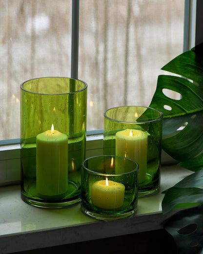 ARIAMOTION Hurricane Candle Holders Set of 3, Spring Green Glass with Seeded Bubbles, Pillar Candle Holders, Cylinder Vase Centerpieces 10" 7" 4" Height