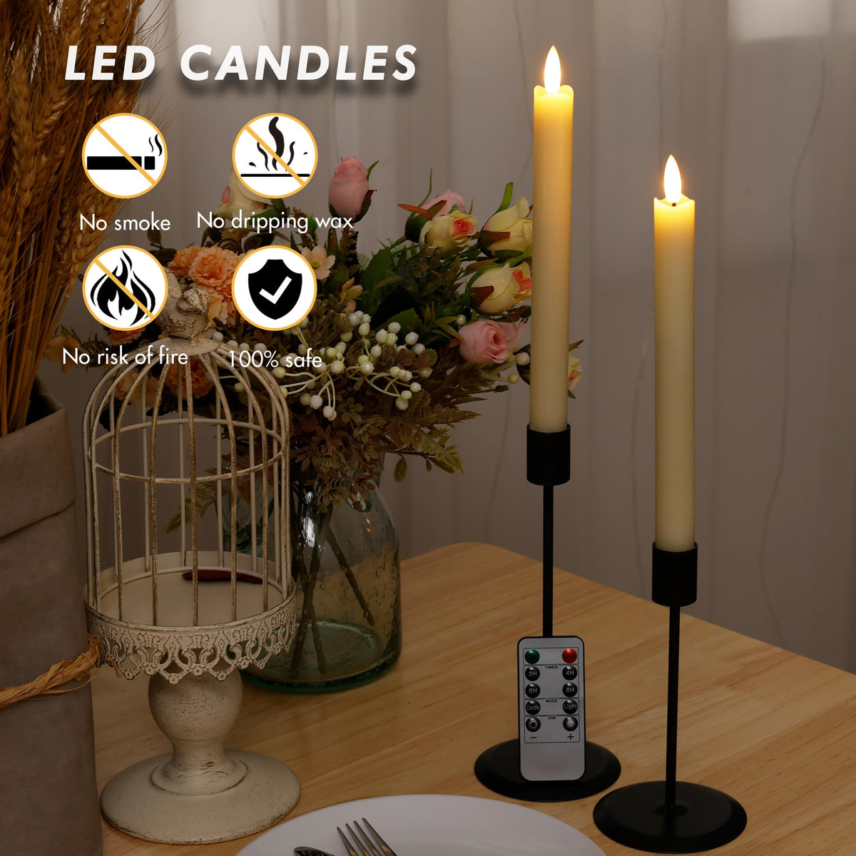 AFINETH Flameless Taper Candles with Rmote, 9.6" Real Wax Battery Operated Candles with 3D Wick, 3 Pack Led Flickering Candlesticks, Electric Candle for Home, Wedding, Party Decor, Ivory