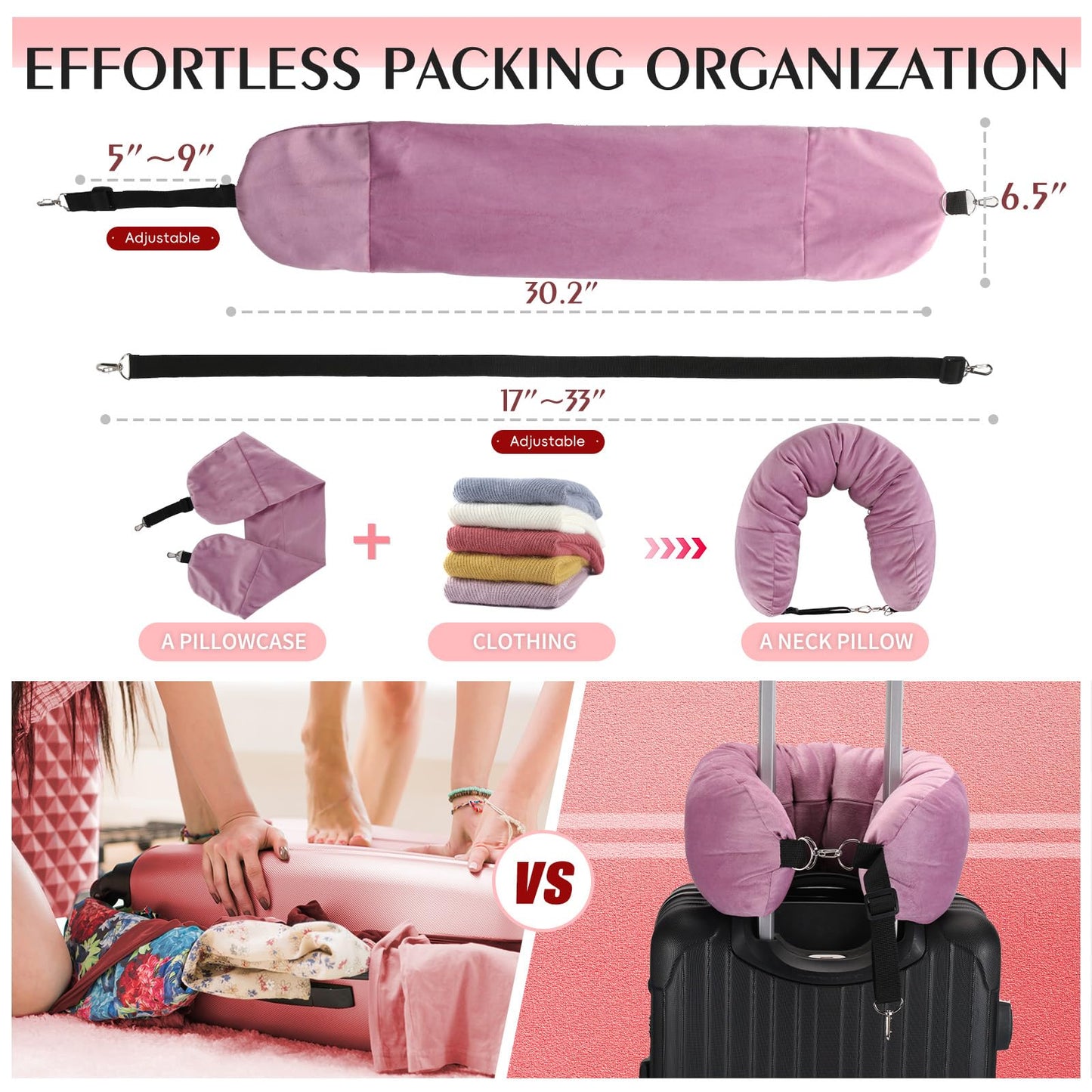 NK HealthCare Stuffable Travel Pillow, Stuffable Neck Pillow for Travel, Neck Pillow Stuffed with Clothes Storage - No Extra Baggage Fees, Fits 5+ Days of Travel Essentials, No Filler (Pink)