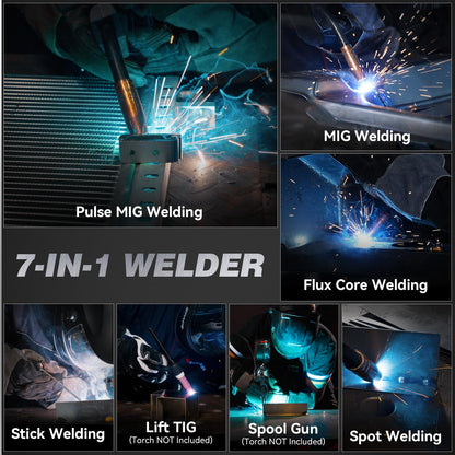 ARCCAPTAIN Pulse MIG Welder, 200A 7 In 1 Pulse MIG/Gas MIG/Flux Core MIG/Stick/Lift TIG/Spot Welding/Spool Gun 110V 220V Aluminum Welding Thin Sheet Metal Welding Machine with LED Digital Display