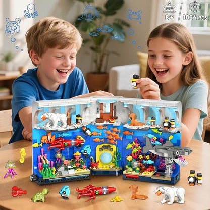 HOGOKIDS Aquarium Book Nook Building Set with Lights - Booknook Fish Building Toy for Bookshelf Home Decor 1064PCS Movable Shark Ocean Polar Animals Blocks Bookend Kit for Adults Teens Boys Girls 8+