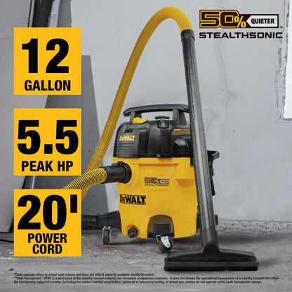 DEWALT 12 Gallon STEALTHSONIC Ultra Quiet Poly Wet Dry Vacuum, DXV12P-QTA Powerful Suction Noise Reduction Vac, 5.5 Peak HP Shop Vacuum for Jobsite/Workshop, Reduce Motor Noise, Yellow
