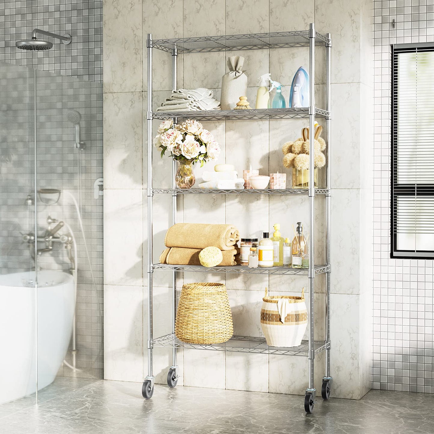 Auslar 5-Shelf Storage Shelves with Casters Heavy Duty 5 Tiers Rolling Cart Utility Racks Adjustable Wire Metal Shelving, 14" x 36" x 76.5", Chrome