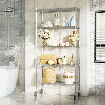 Auslar 5-Shelf Storage Shelves with Casters Heavy Duty 5 Tiers Rolling Cart Utility Racks Adjustable Wire Metal Shelving, 14" x 36" x 76.5", Chrome