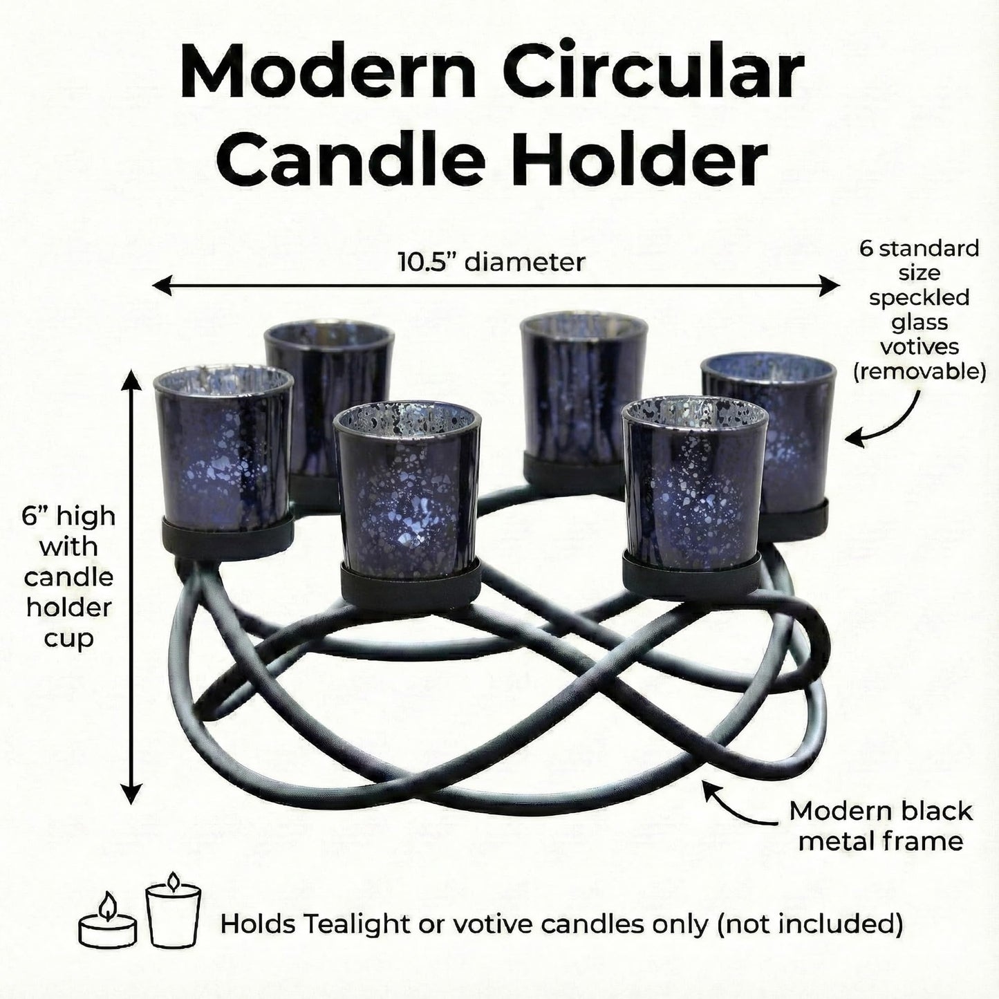 Seraphic Centerpieces for Halloween Table Decorations - Round Candle Holders for Outdoor Patio, Dining, Kitchen, Coffee & Wedding Table Decor, Black Iron Candelabra, 6 Black Glass Votive Tealight Cups