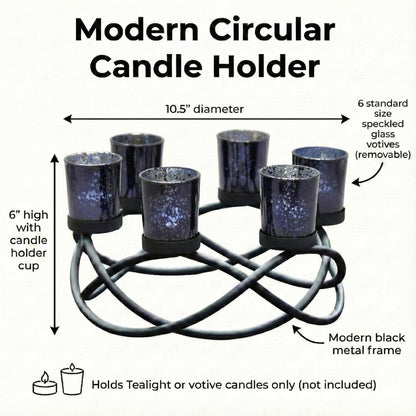 Seraphic Centerpieces for Halloween Table Decorations - Round Candle Holders for Outdoor Patio, Dining, Kitchen, Coffee & Wedding Table Decor, Black Iron Candelabra, 6 Black Glass Votive Tealight Cups