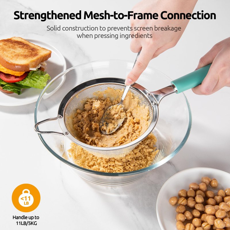 U-Taste Medium Fine Mesh Strainer: 18/8 Stainless Steel 4.73in 30 Mesh Kitchen Food Sieve with Sturdy Riveted Silicone Handle, Heavy Duty Deep Handheld Metal Colander for Rice, Quinoa, Flour(Aqua Sky)