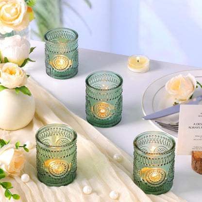 Lanttu 12pcs Green Votive Candle Holders，Glass Tea Lights Candle Holder Bulk for Birthday Parties, Weddings, Table Decorations, Candlelight Dinners