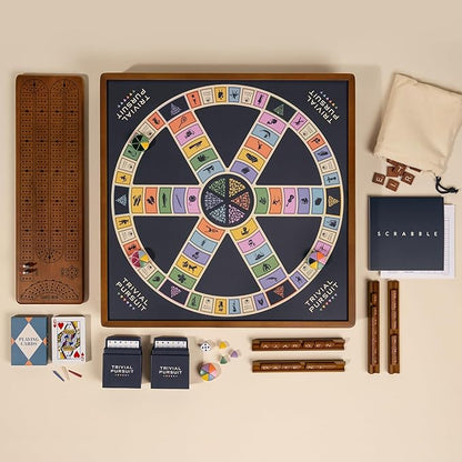 Scrabble Trivial Pursuit and Cribbage 3-in-1 Premium Game Collection by WS Game Company with Rotating Wooden Cabinet Reversible Game Board and Built-in Storage Family Board Games for 2-6 Players