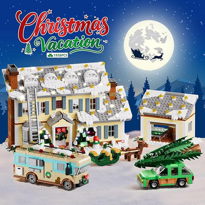 Christmas Holiday House Building Set 5 in 1 Model Buildings Kits Snow Village &amp RV Toy Building Blocks Sets with LED Xmas Decor Toys Gifts for Kids Girls Boys Ages 8+ Adults (1958PCS)