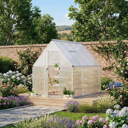 6x7 FT Heavy Duty Aluminum Polycarbonate Greenhouse – Large Walk-in Structure, Quick Setup, Roof Vent, Lockable Door, Rain Gutter – Ideal for Patio, Backyard, Garden – Silver