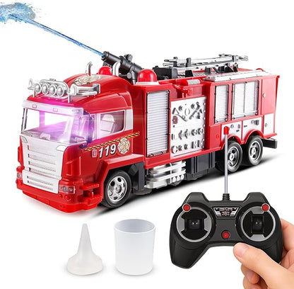 Liberty Imports RC Rescue Fire Engine Toy Truck Radio Control Electric R/C Fire Truck with Lights Sound Working Water Cannon Pump Shoots and Squirts Water Toys for Kids