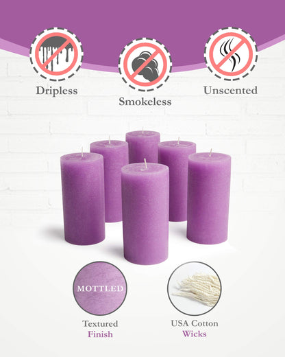 Mottled Pillar Candles by Bask - Set of 6-3" x 6" Dripless Unscented Candles in Purple for Home Decor, Relaxation & All Occasions