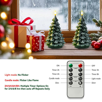 Sttokilly 2Pcs Christmas Tree Flameless Candles with Remote and Timer,LED Candles Battery Operated,Real Wax Window Candlesticks with Flickering 3D Flame for Christmas Decoration