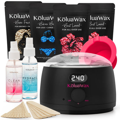 KoluaWax Premium Waxing Kit for Women - Beginner Friendly - Complete Wax Kit that includes 14oz of Wax Beads, Applicator, Pre and Post Care, Suitable for Sensitive Skin (Black) - Mothers Day Gifts
