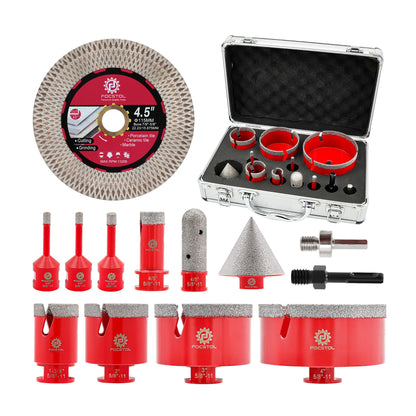 Diamond Tile Hole Saw Kit 13pcs - (6/6/8/20/35/50/75/100mm+20mm Milling Bit+50mm Beveling Chamfer Bit+Hex+SDS+115mm Saw Blade) Diamond Core Drill Bit Set for Porcelain Tile Ceramic Marble FOCSTOL