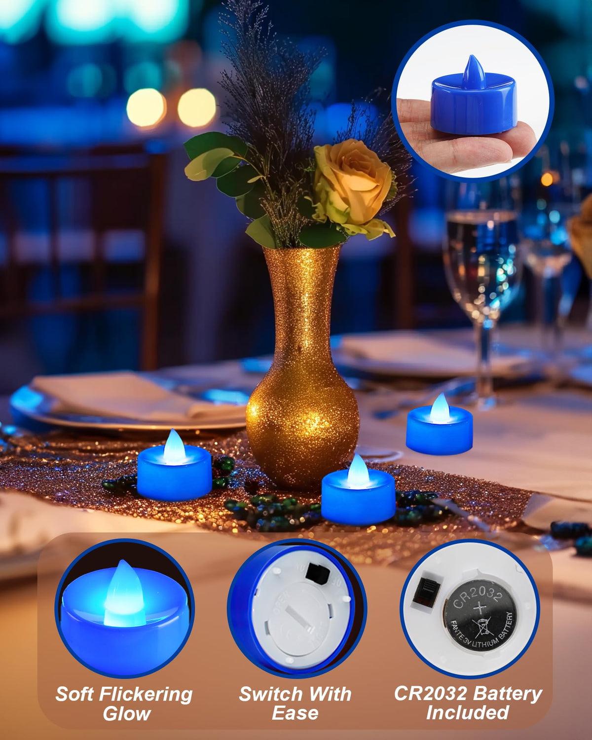 BEICHI Flameless Candles, Battery Operated LED Tealights Votive Flickering for Party Halloween, Christmas, Wedding- 24Pack, Blue Light