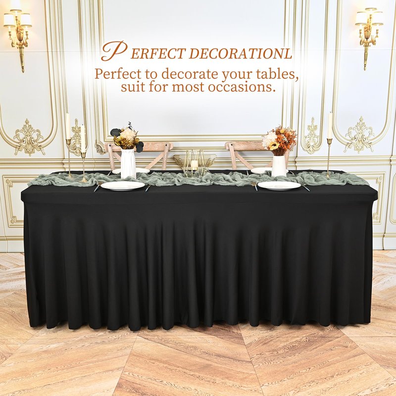 Pesonlook 6 Pack Spandex Table Skirt for 8 Ft Rectangle Tables, Black Fitted Stretch Tablecloth 30 x 96 Inch, Wrinkle Resistant Ruffle Design for Wedding Banquets, Birthday Party, Parties