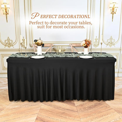 Pesonlook 6 Pack Spandex Table Skirt for 8 Ft Rectangle Tables, Black Fitted Stretch Tablecloth 30 x 96 Inch, Wrinkle Resistant Ruffle Design for Wedding Banquets, Birthday Party, Parties