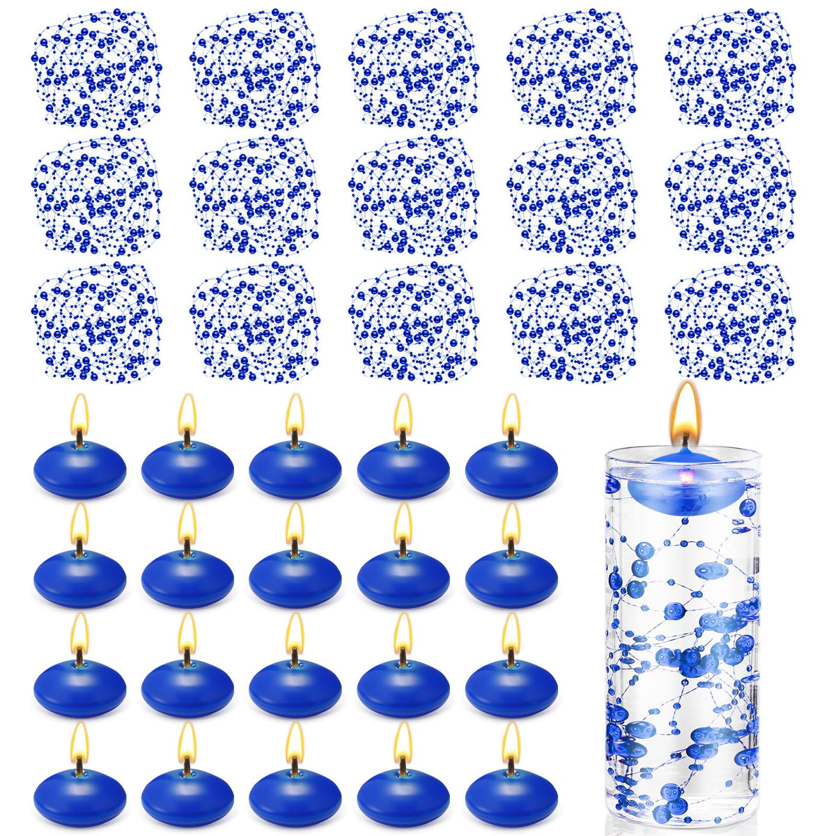 Fumete 40 Pcs Blue Floating Candles Pearl Strings for Centerpieces Small Unscented Floating Candles Vase Fillers Table Decoration for Meditation, Spa, Swimming Pool Party, Wedding Dining Table Decor