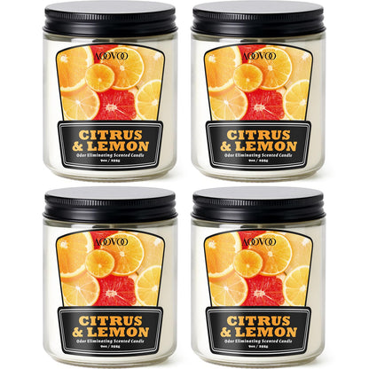AOOVOO 4 Pack Citrus Lemon Odor Eliminating Candle - Up to 200 Hours Burn time, Eliminates 95% of Pet, Smoke, Food, and Other Smells Quickly, 36 oz Non Toxic Highly Fragranced Air Freshing Soy Candle