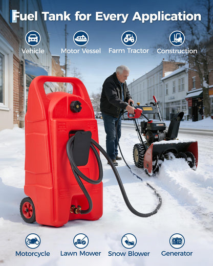 Garvee Slim 15 Gallon Gas Can, Fuel Tank Container with LE Fluid Transfer Manual 10 FT Siphon Pump, Portable Diesel Gas Storage Caddy Wheels for ATV, Weeder, Boat, Tractor, Snow Blower,Generator