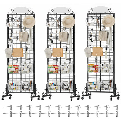 Urban Deco 3 Packs Grid Wall Panel Display Stand, 2.2' x 6.2' FT Gridwall Panel with Extra 24 Hooks, Craft Show Display Rack Black Metal Grids Standing Wire Rack for Retail Merchandise