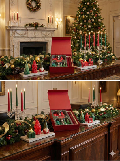 Hecate Magic Mall Christmas Candle Gift Set – 9 Highly Scented Festive Candles Including Santa, Trees, Deer, Cake & Ribbed Pillars | Luxury Holiday Gift Box with Surprise Santa Design (Pack of 1)