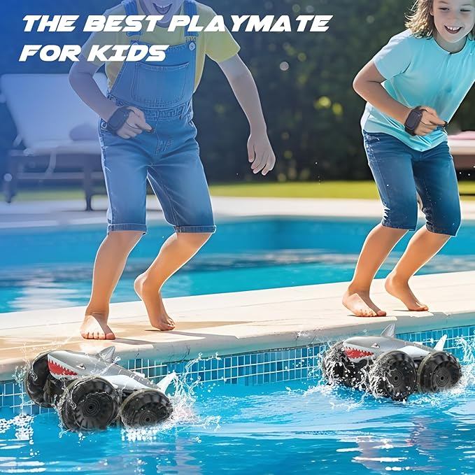 SIMREX Shark Amphibious Remote Control Car - Gift for Kids Boys Girls 4WD Waterproof RC Car 360° Stunt Dual Remote Control 50m Long Range 2 Rechargeable Batteries (Silver)