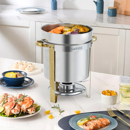 7QT Commercial Soup Warmer, 2 Pack Stainless Steel Round Soup Chafer with Pot, Notched Lids & Fuel Holders, Food Warmer for Buffets Parties Wedding Banquets Catering, Gold