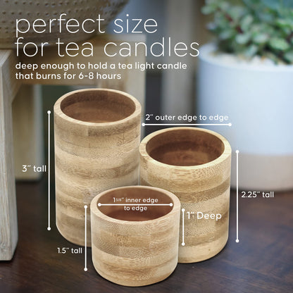 Bamboo Wood Tealight Candle Holder, Rustic Centrepieces, Wedding Wood Centerpieces, 6-Pack Wooden Candle Holders, 1.5, 2.25, & 3-Inch-Tall Table Wooden Tea Light Holders - Cedar and Ink