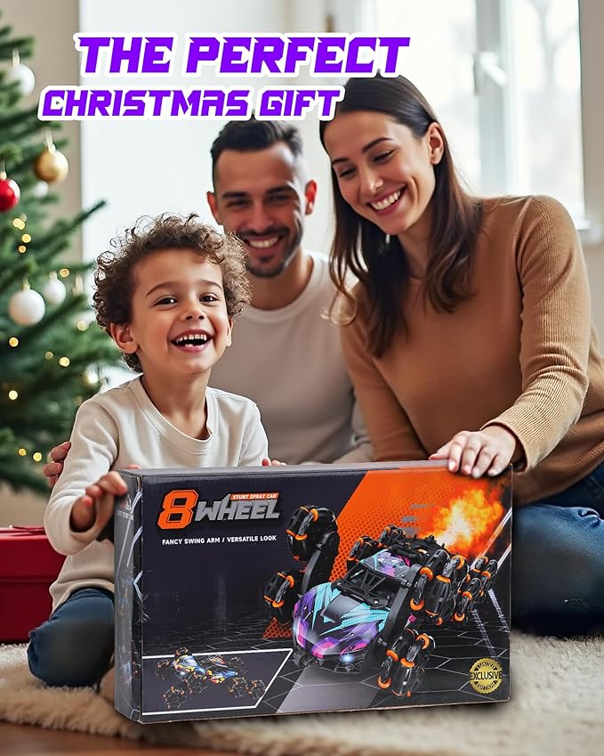 HuiJuKeJi 8WD RC Stunt Car with Gesture Sensing &amp Spray 2.4GHz Hand-Controlled Remote Control Car Toy with Light/Music Auto-Demo Mode Vehicle for Kids Ages 6-14 Birthday