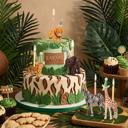 BrightRow 5 Pcs Safari Jungle Animal Cake Candle Holders Resin Animals Figures Cake Topper Birthday Party Decor Giraffe Lion Elephant Zebra Tiger Candle Stands for Wild Animals Themed Party Decor