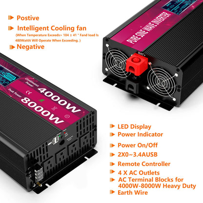 4000W Pure Sine Wave Power Inverter 12V DC to 110V/120V AC, 8000W Peak with Remote Control, 4 AC Outlets, Dual USB, LED Display, Heavy Duty Converter for RV, Truck, Solar System, Off-Grid & Emergency