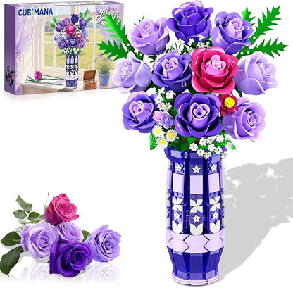 Purple Roses Flowers Building Set with Vase &amp LED Light 17 Mini Flowers Bouquet Building Blocks Toy for Adults Artificial Flowers for Home Office Decor &amp Display Gifts for Women &amp Men