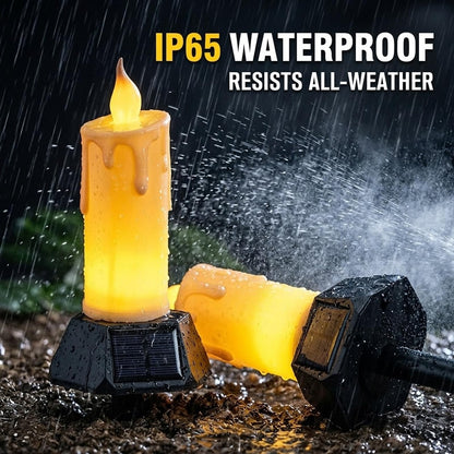 Solar Flameless Candles Outdoor Waterproof, Patented Dual-LED Flickering Flame 7" Dripping Wax Pillar with Detachable Stake, 3-Sided Solar Base for Patio, Cemetery (4 Pack)