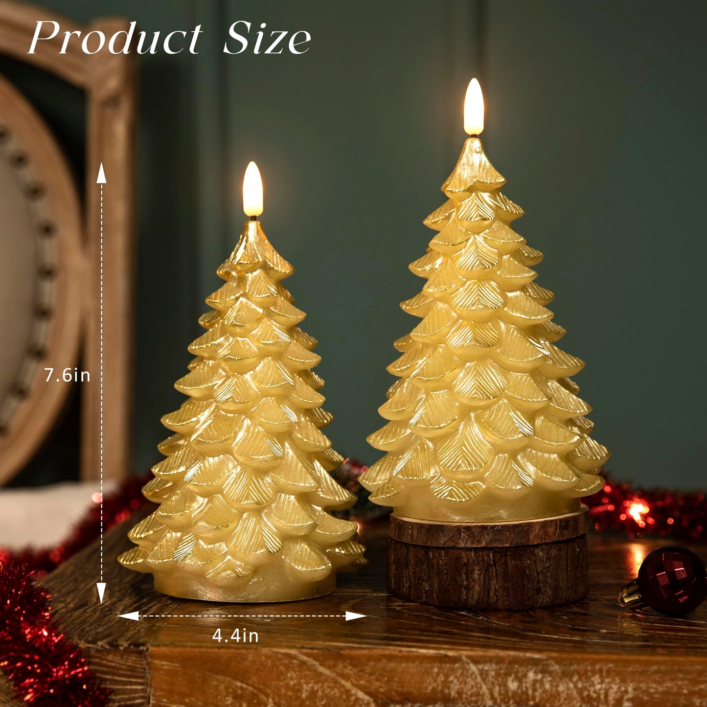 LUSHARBOR Flameless Candles with Remote Timer, 2 Pack Christmas Tree Candles Battery Operated LED Candles Real Wax Holiday Christmas Decoration for Bedroom Party Festival Gift Gold