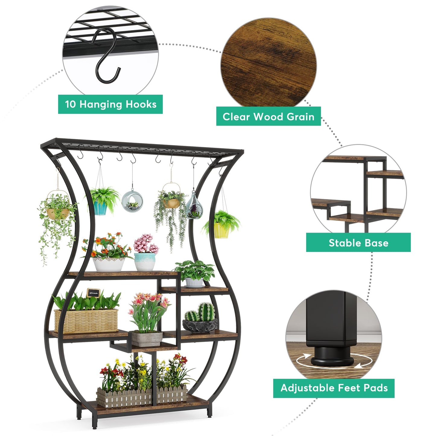 LITTLE TREE 6-Tier Plant Stand, 70.9 Inches Tall Industrial Plant Shelf with 10 Hanging Hooks, Potted Plants Flower Bonsai Pots Display Rack for Living Room, Garden, Balcony, Rustic Brown