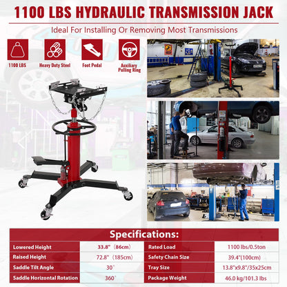 1100lbs Transmission Jack Lift with Anti-Slip Rubber Pad, Adjustable Telescoping Hydraulic Transmission Jack, High Lift Single Telescopic Jacks Hoist w/Pedal, 33.8" to 72.8" Lifting Range