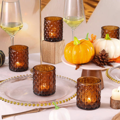MATAHUM 12Pcs Large Votive Candle Holders 2.8 * 3.2in Amber Tea Light Candle Holders Glass Candle Holder for Bridal Shower, Wedding, Table Centerpiece, Party, Home Decor