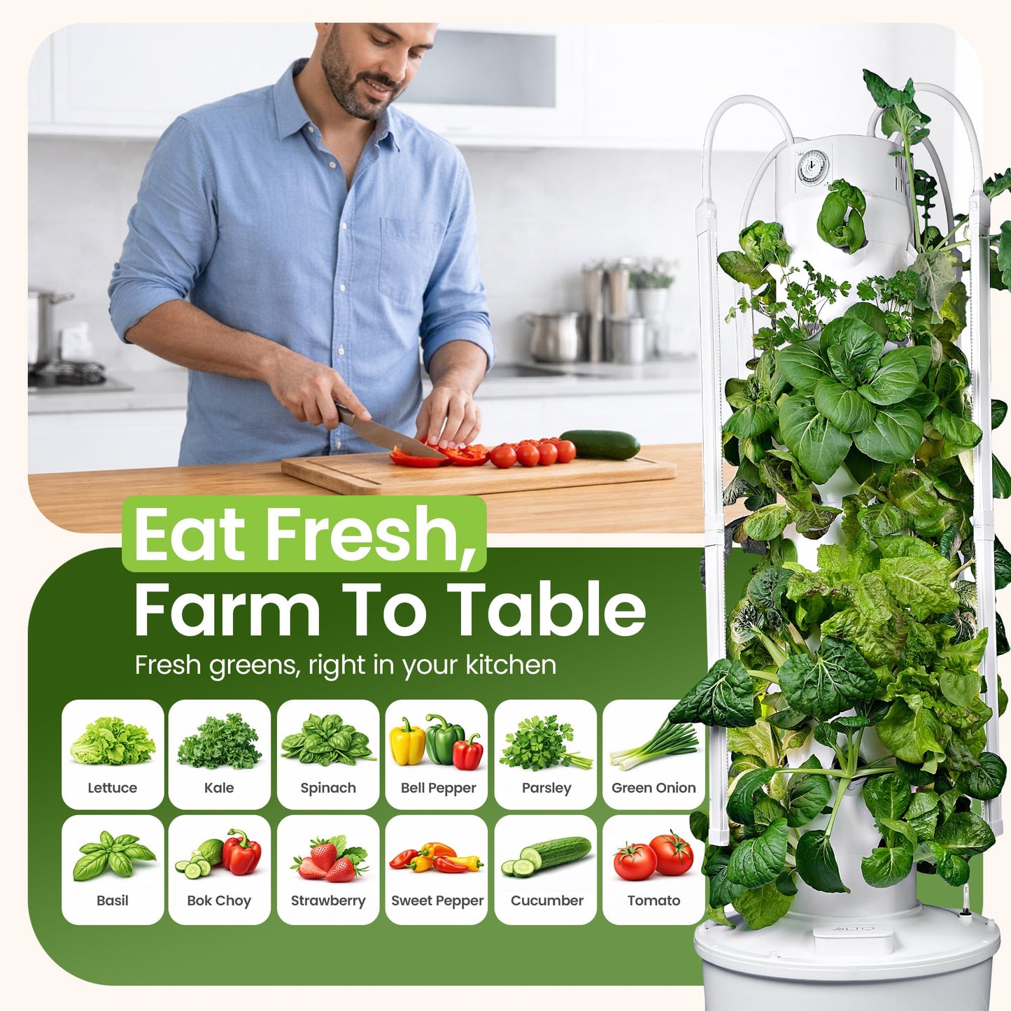 ALTO GARDEN HX Aeroponic Tower | High Capacity Tower | Hydroponics Growing System Kit | Food Grade with 40 Net Pots (with LED Grow Lights)
