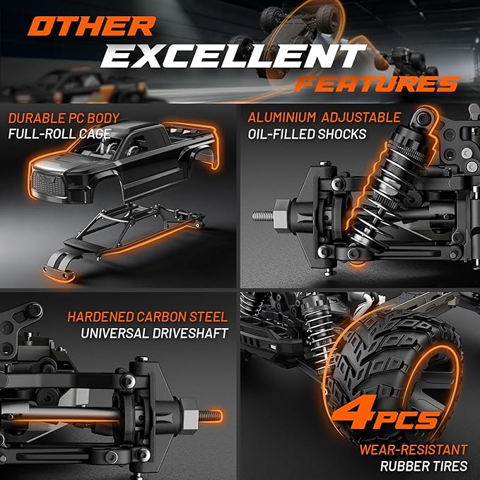 UDIRC 1610S Brushless Fast RC Car 56+ MPH and Standing Backflip in Stock Setup Includes 3S LiPo Battery 1:16 High Speed RC Truck 4WD RTR Off-Road Monster RC Truck for Adults