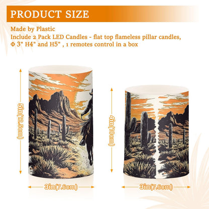 ALAZA Flickering Flameless Candles Western Cowboy Sunset Desert Cactus Battery Operated Candles with Remote Timer LED Pillar Votive Candles Set of 2 for Holiday Decor