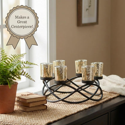 Seraphic Centerpieces for Table Decorations - Round Candle Holders for Outdoor Patio, Dining, Kitchen, Coffee & Wedding Table Decor, Black Iron Candelabra, 6 Gold Glass Votive Tealight Cups