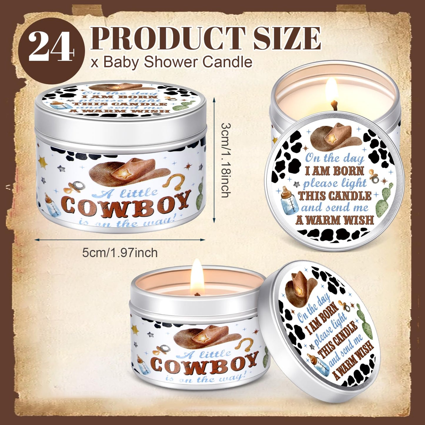 MTLEE 24 Pcs Cowboy Baby Shower Party Favors Candles Lavender Scented Baby Shower Favors for Guests Rustic Tealights Candles Gender Reveal Return Gifts (1.2 oz, White)