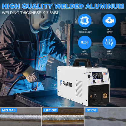 FLARING MIG Welder 215amp 6 IN 1 Welder Machine 120V/240V Flux Core/Gas MIG/Stick/Lift TIG/Spot welding/Spool Gun Multi-Process 2lbs/11lbs Wire Compatible IGBT Inverter Portable Welder