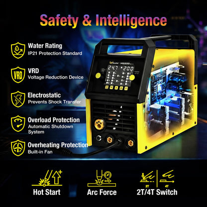 Weldpro 200 Amp MIG Welder, 110/220V 7-in-1 Manual MIG/Synergic MIG/Gasless MIG/Lift TIG/MMA/Spot/Spool Gun Aluminum Multi-process Welding Machine with Large LED Display, IGBT, 2T/4T, Spool Gun