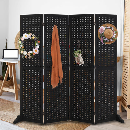 Bonnlo 4 Panel Pegboard Freestanding, 5 FT Portable Display Board Organizer for Craft Show Jewelry, Wooden Folding Privacy Screen Room Divider (with Base, Black)